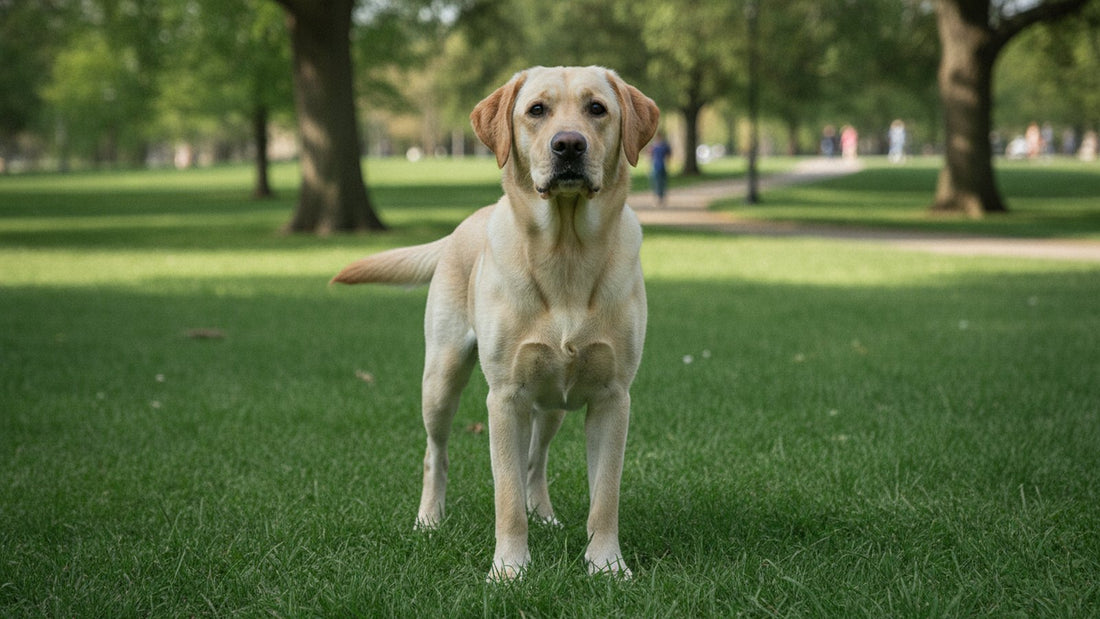 Healthy young Labrador standing outdoors, illustrating joint care for osteochondritis dissecans in dogs