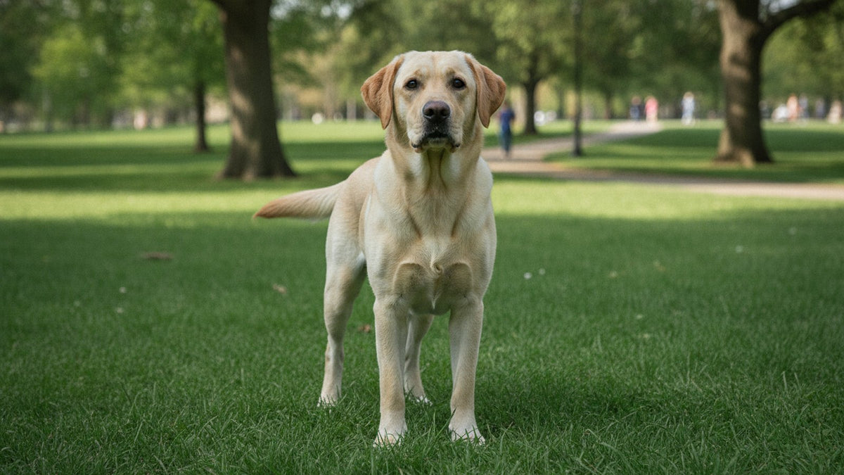 Healthy young Labrador standing outdoors, illustrating joint care for osteochondritis dissecans in dogs
