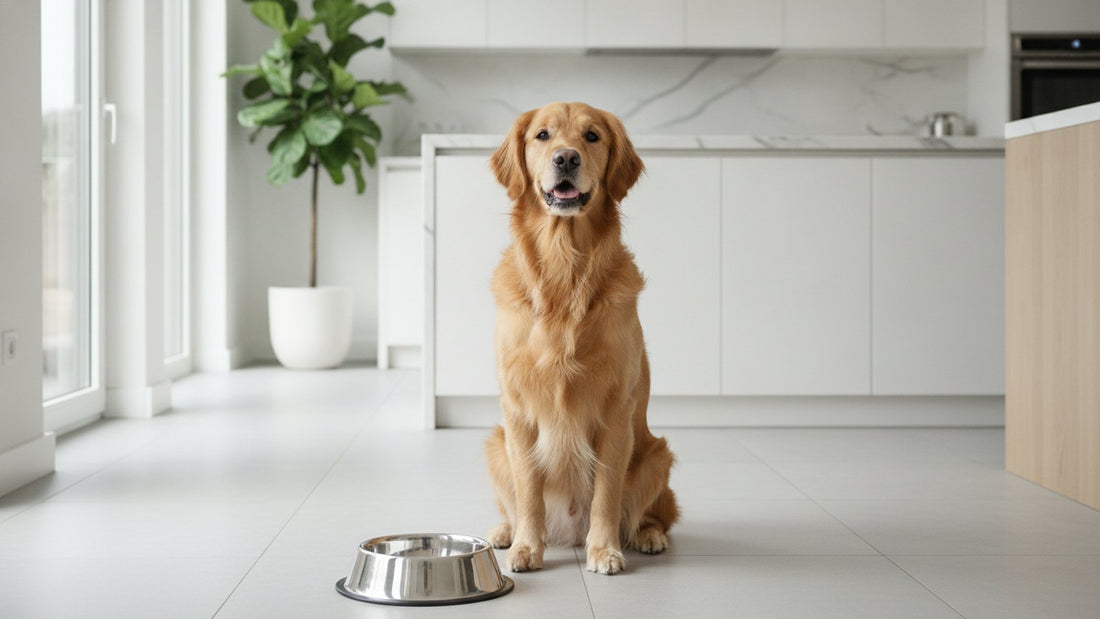 Healthy golden retriever beside a clean food bowl in a kitchen, illustrating safe pet food storage and stock handling