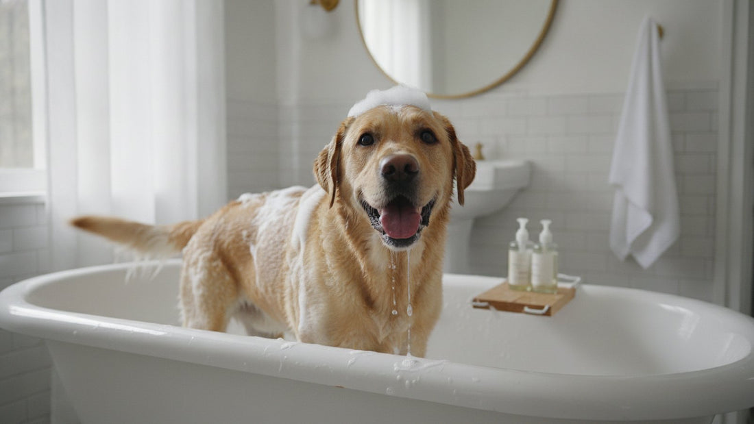 Wet labrador being bathed with foam in a tub, illustrating how to choose an anti itch shampoo for dogs