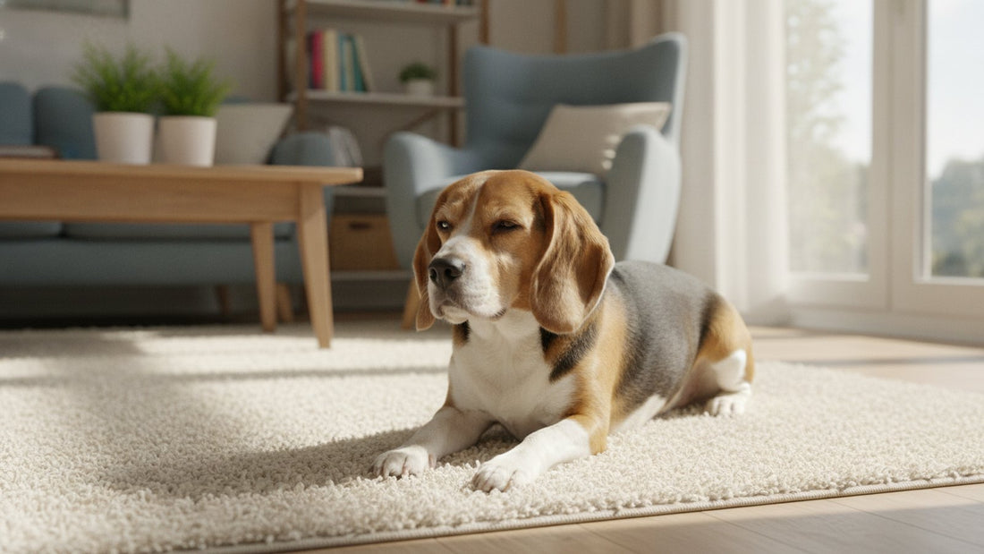 Healthy beagle resting on a rug indoors, illustrating safe anti itch cream choices for dogs