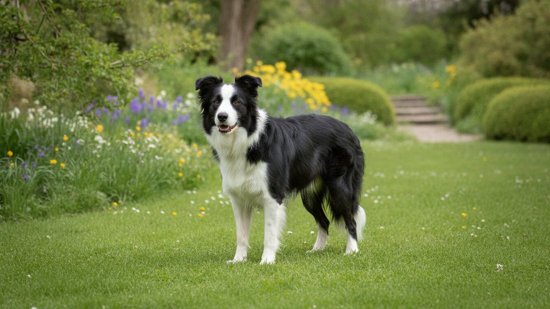 Border collie with a glossy coat standing on grass, illustrating how to choose an anti itch spray for dogs