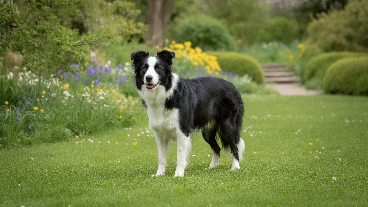 Border collie with a glossy coat standing on grass, illustrating how to choose an anti itch spray for dogs