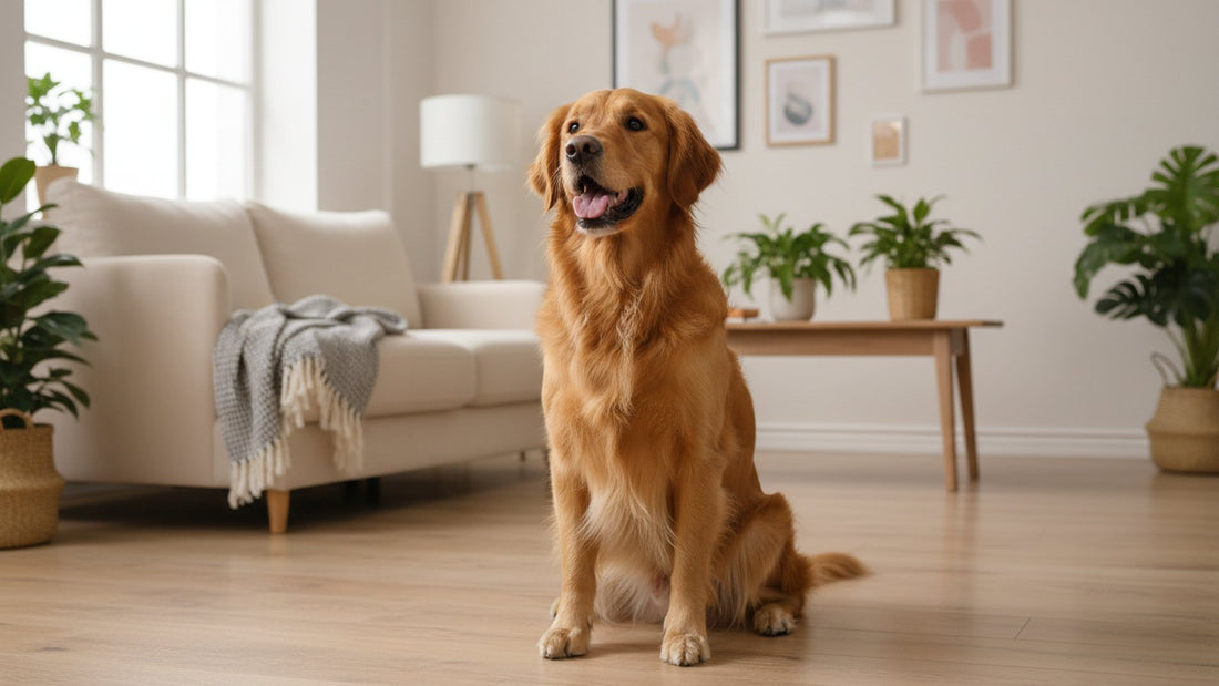 Healthy golden retriever with clean white teeth, illustrating the best dog plaque remover options