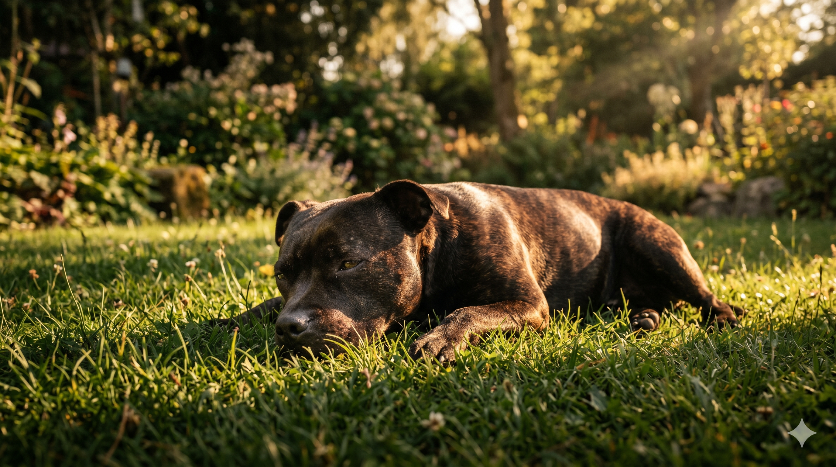 Calm Staffordshire Bull Terrier resting on sunlit grass with healthy soothed skin — home remedies for dog itching