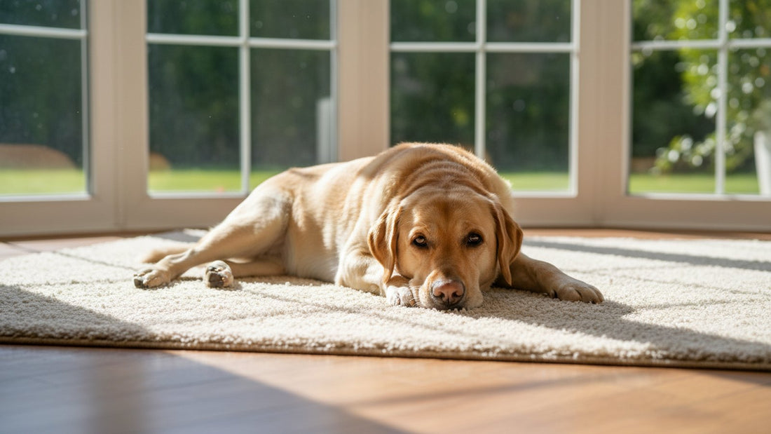 Relaxed labrador with a healthy shiny coat, illustrating quercetin for dogs and itching relief