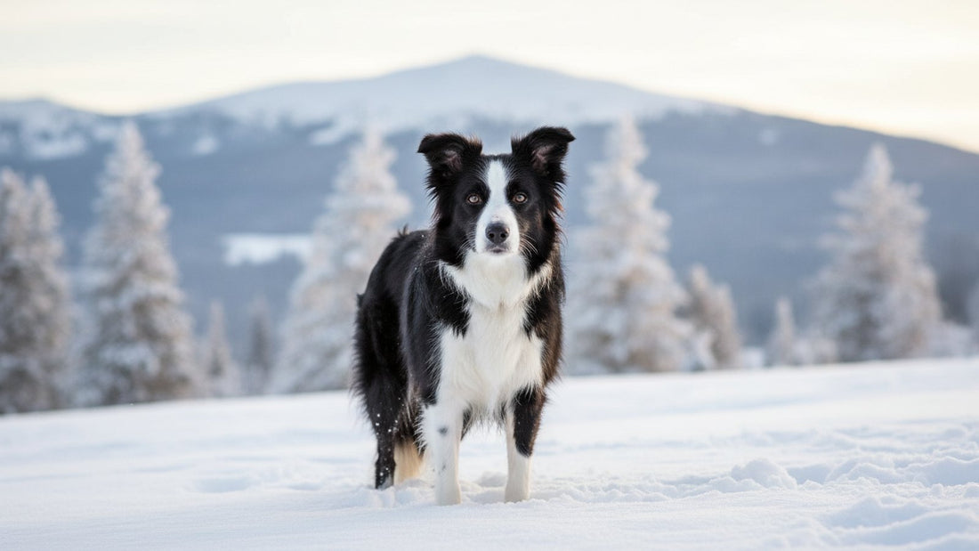 Border collie with a thick healthy coat in winter light, illustrating dog itchy skin in winter