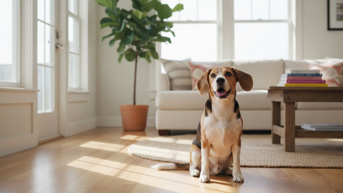 Gesunder Beagle sitzt im Wohnzimmer, Symbolbild fuer das beste Mittel gegen Mundgeruch beim Hund