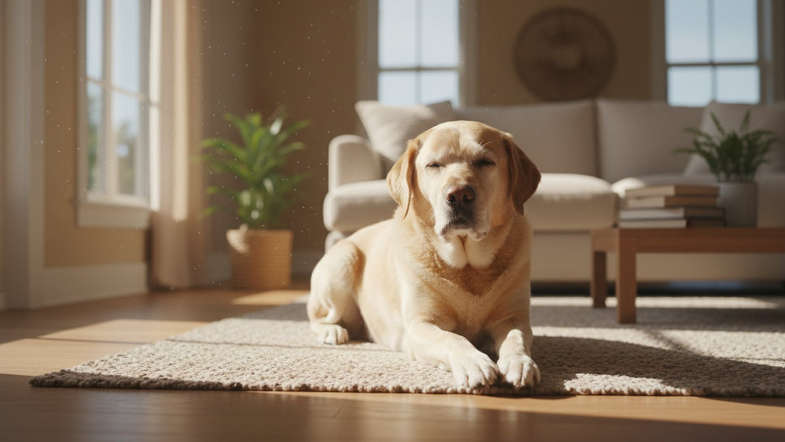 Senior labrador resting at home, illustrating a guide to meloxicam for dogs
