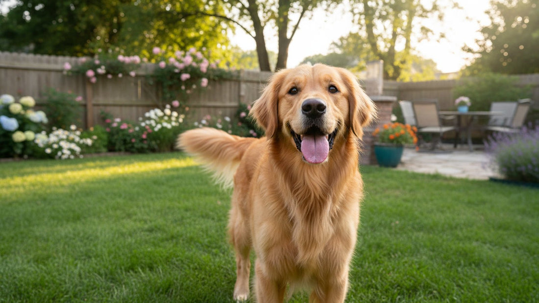 Happy golden retriever outdoors in a sunny yard, illustrating Pure Majesty Pets customer reviews