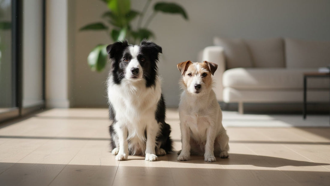 Two healthy dogs sitting side by side indoors, illustrating a comparison of Pure Majesty Pets and Healthy Petz reviews