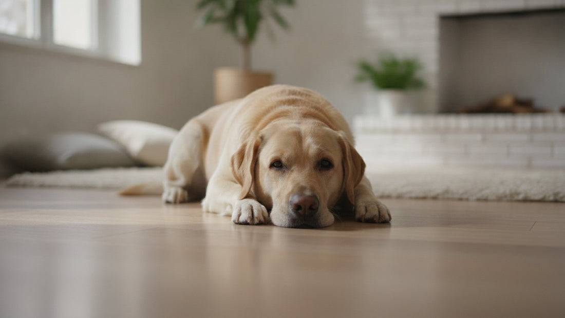 Labrador adulte en bonne sante au repos a la maison, illustrant un guide sur le tramadol pour chien et sa posologie