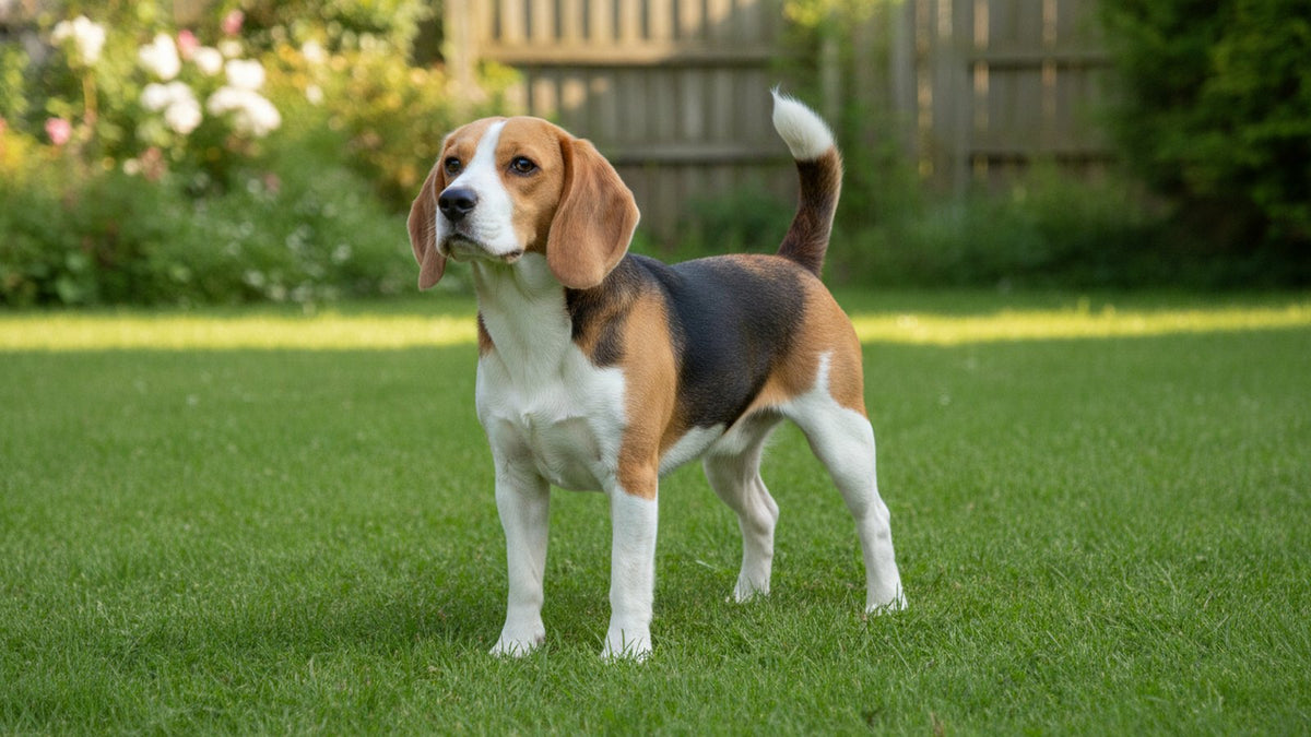Healthy beagle standing on grass outdoors, illustrating a guide to contact dermatitis in dogs and skin irritants