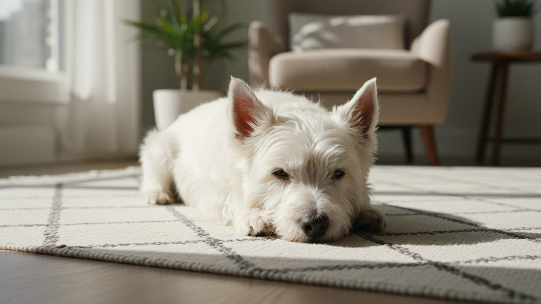 Healthy white terrier resting on a living room rug, illustrating dust mite allergy in dogs and indoor triggers