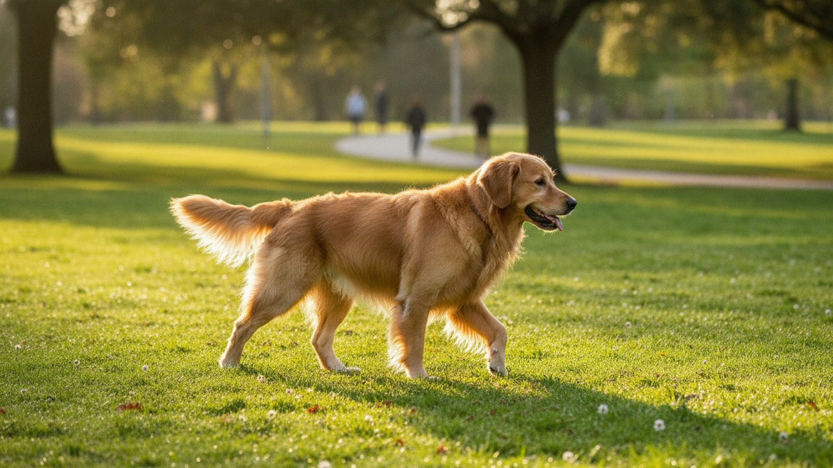 Healthy golden retriever walking outdoors, illustrating UC-II collagen for dogs and joint mobility research