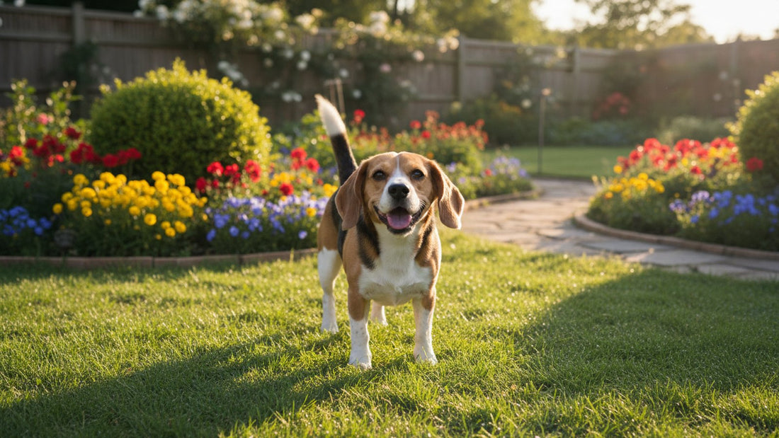 Healthy beagle standing on grass outdoors, illustrating flea allergy dermatitis in dogs and skin irritation