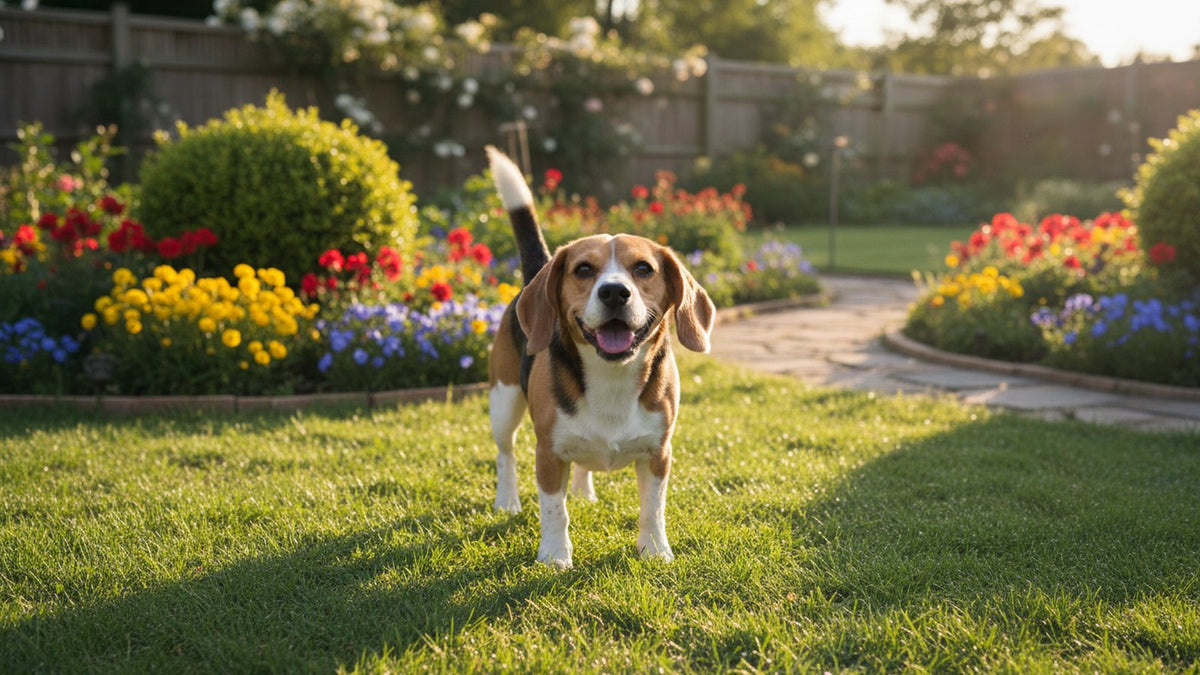 Healthy beagle standing on grass outdoors, illustrating flea allergy dermatitis in dogs and skin irritation
