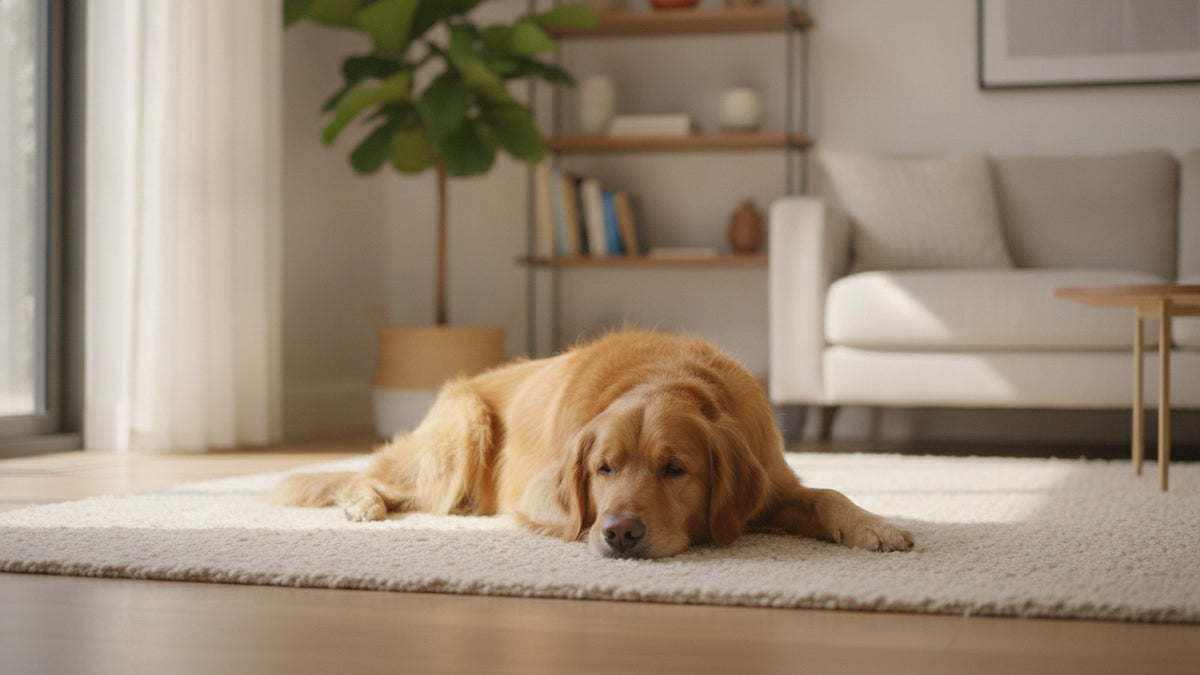 Gesunder erwachsener Golden Retriever ruht entspannt zu Hause, Symbolbild für Amantadin beim Hund und die Dosierung