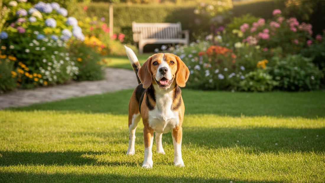 Healthy beagle standing on grass outdoors, illustrating how to tell mange from allergies in dogs