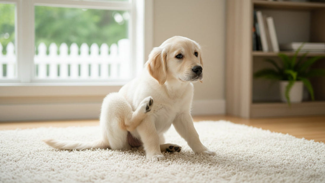 Healthy cream golden retriever puppy raising a hind paw to scratch on a rug at home, illustrating puppy itchy skin