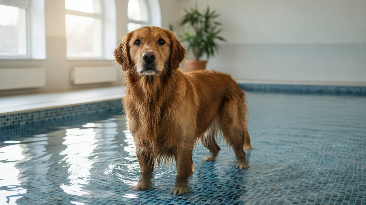 Nasser Golden Retriever steht im flachen Wasser eines Innenbeckens, als Illustration zur Hydrotherapie für Hunde