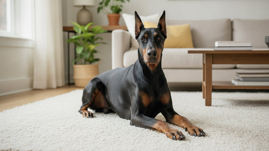 Adult Doberman Pinscher lying on a white rug at home, illustrating hypothyroidism in dogs and related skin problems
