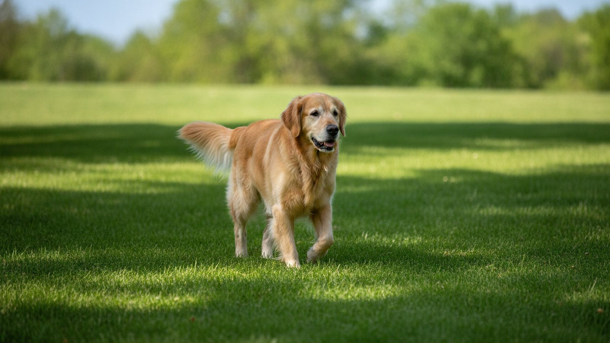 Senior golden retriever walking comfortably on a sunny lawn, illustrating glucosamine hydrochloride for dogs and joint support
