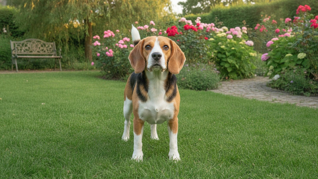 Healthy beagle standing alert on a green lawn, illustrating signs of parasites in dogs and routine health checks