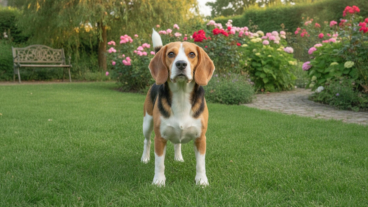 Healthy beagle standing alert on a green lawn, illustrating signs of parasites in dogs and routine health checks