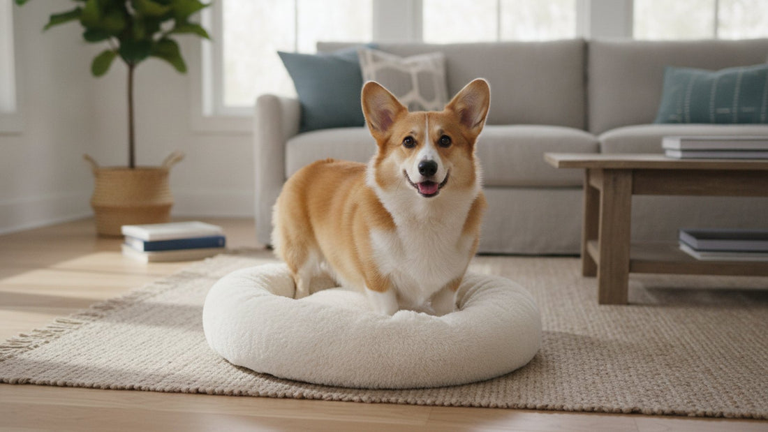 Corgi standing on a cozy dog bed in a bright living room, illustrating why dogs circle before lying down