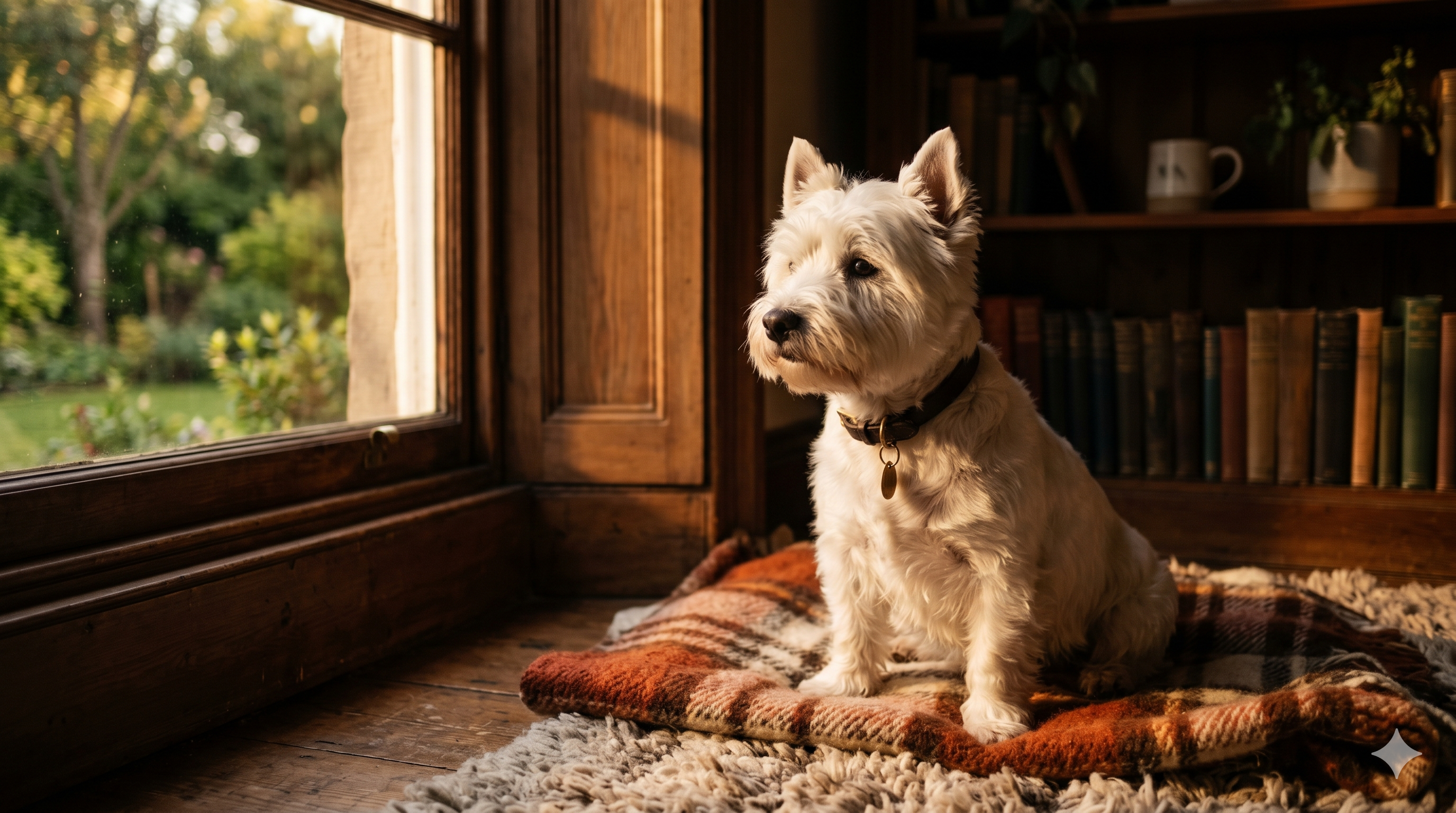 Comfortable West Highland White Terrier with calm healthy skin by a window — best itch relief for dogs with allergies