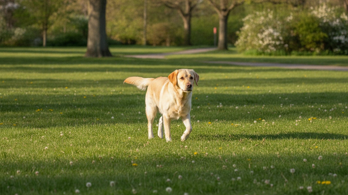 Healthy labrador retriever walking on a park lawn, illustrating worms in dog poop and deworming care
