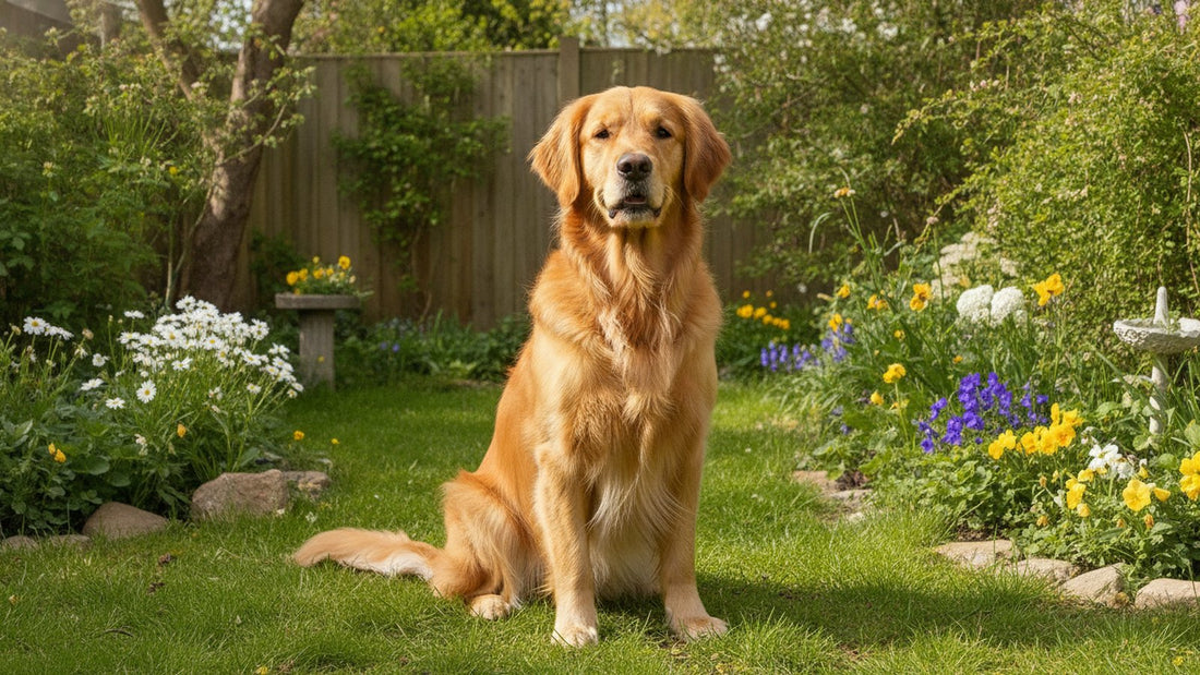 Healthy golden retriever sitting in a sunny garden, illustrating the best dewormer for dogs and parasite prevention