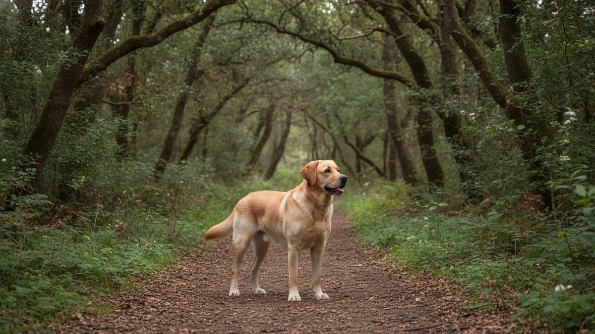 Labrador standing on a forest trail with paws on the ground, illustrating why dogs have paw pads and grip