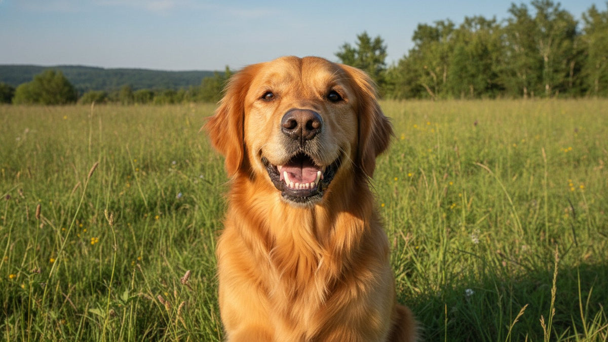 Happy healthy dog with mouth open showing clean white teeth, illustrating how many teeth dogs have