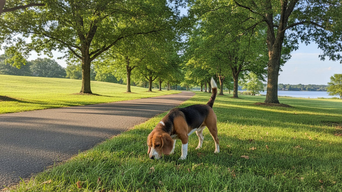 Beagle sniffing the grass along a park path, illustrating why dogs sniff on walks and scent exploration