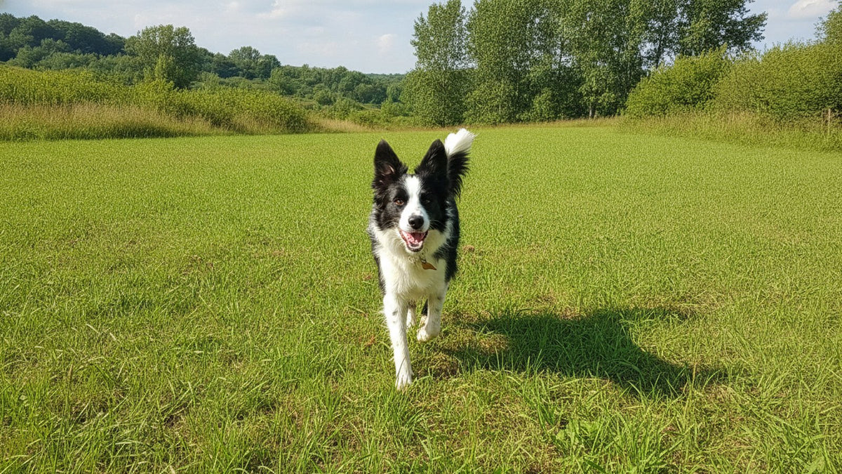 Border collie running joyfully across a green meadow, illustrating why dogs get the zoomies