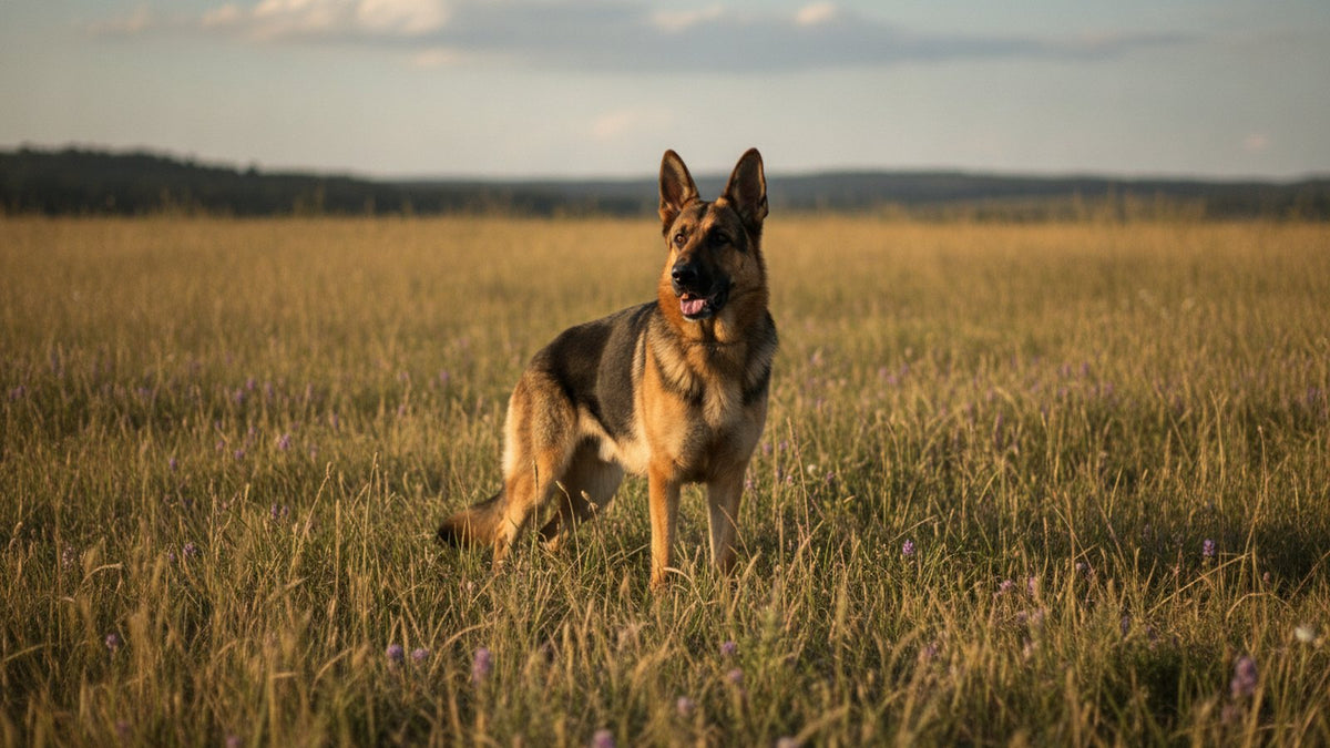 German shepherd standing in a field with ears upright, illustrating how dogs hear sound and ear movement