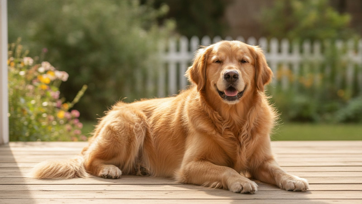 Happy golden retriever relaxing on a sunny porch, illustrating Pure Majesty Pets dog supplements owners love