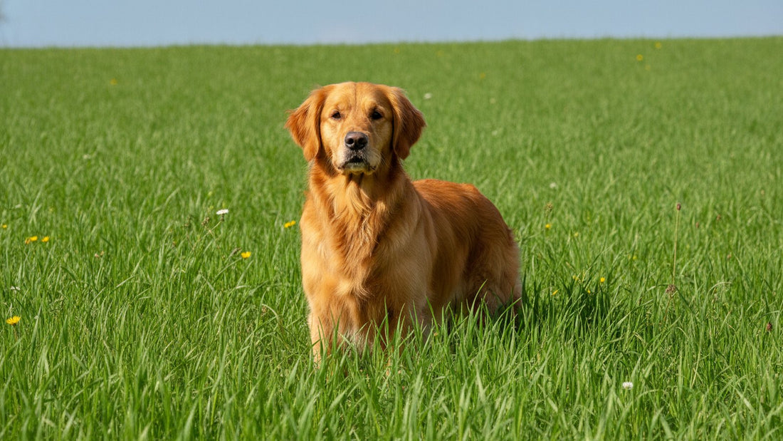 Healthy dog standing in a meadow of tall green grass, illustrating grass allergy in dogs and itch relief