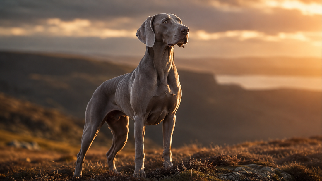 Vital Weimaraner with a lustrous silver coat standing strong at sunset — 7 warning signs your dog needs a collagen supplement