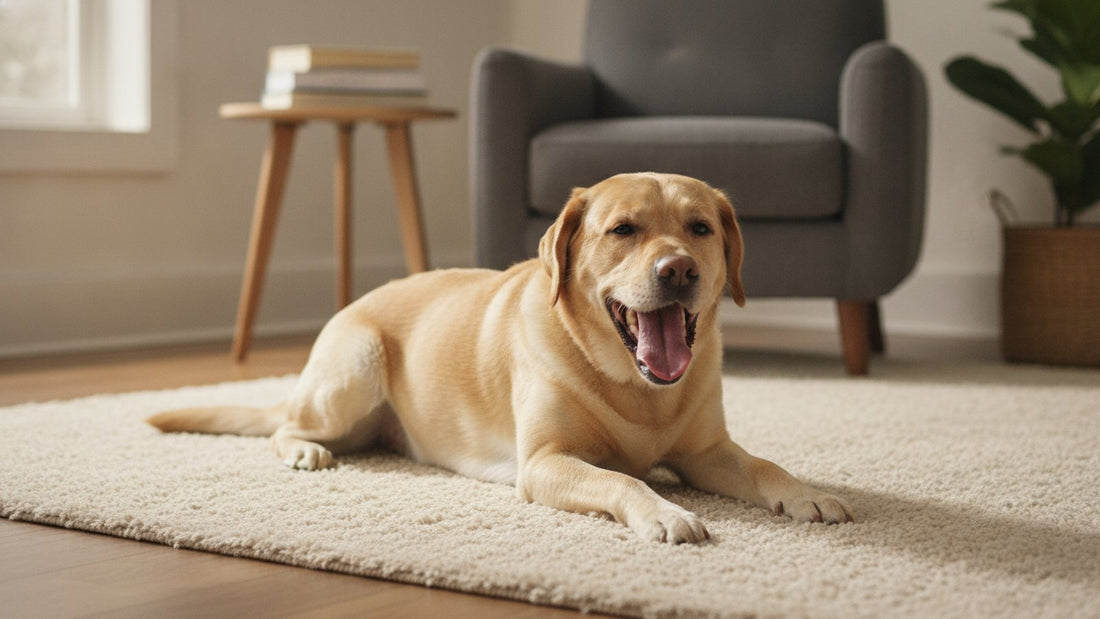 Labrador retriever yawning on a cream rug in a bright living room, illustrating why dogs yawn