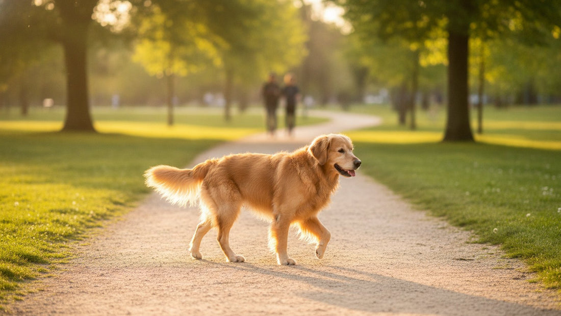 Golden retriever walking comfortably along a sunny park path, illustrating natural joint supplements for dogs