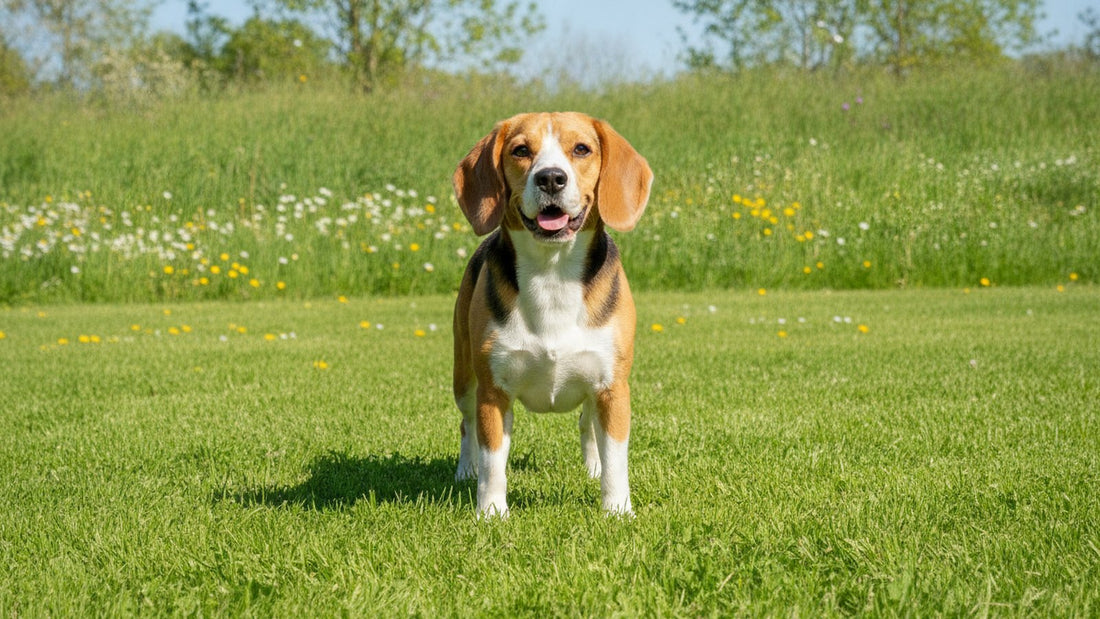 Healthy beagle standing on a flowery lawn, illustrating how to prevent worms in dogs