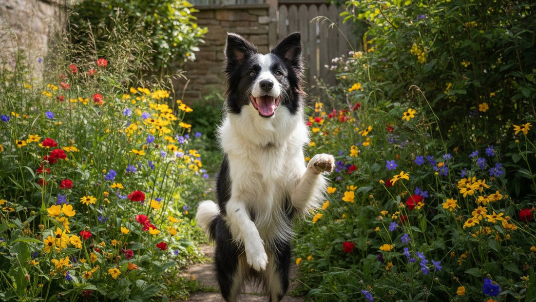 Playful border collie in a flower garden, illustrating why dogs sneeze