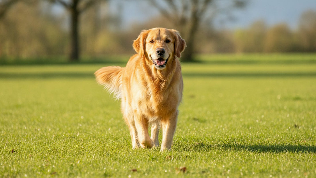 Golden retriever walking comfortably on a sunny lawn, illustrating supplements for hip dysplasia in dogs