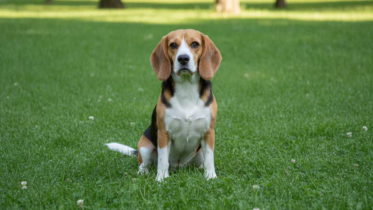 Healthy beagle sitting on a park lawn, illustrating dog parasite treatment and routine rechecks