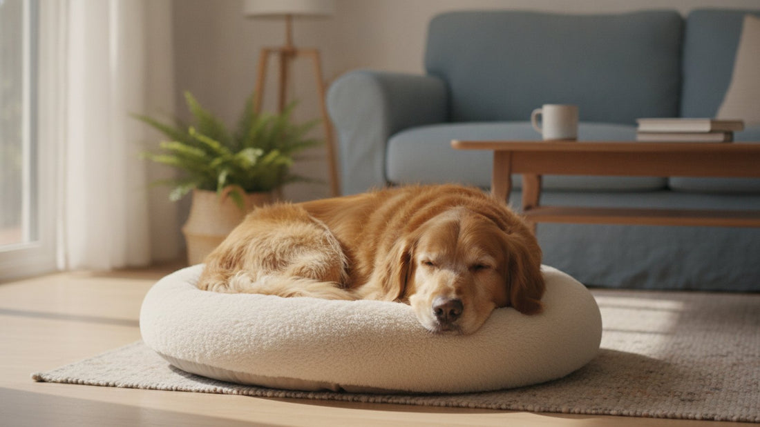 Dog sleeping peacefully on a soft bed, illustrating why dogs twitch in their sleep