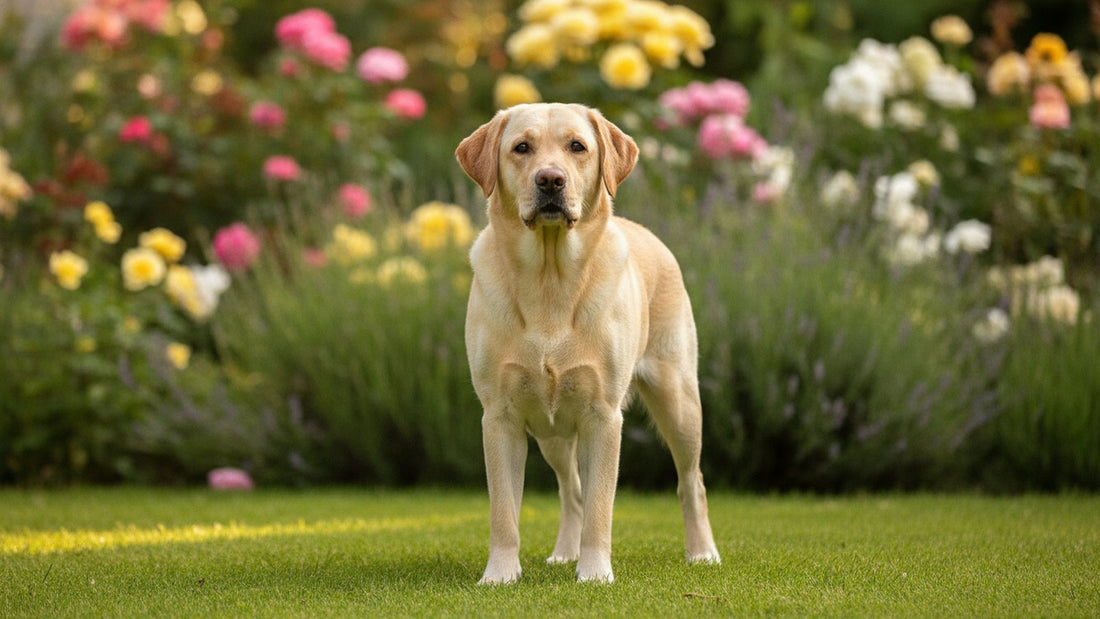 Healthy labrador standing in a flower garden, illustrating natural dewormer for dogs