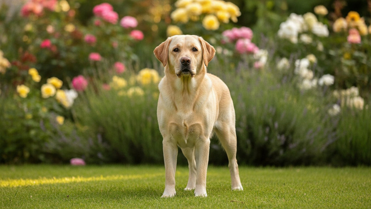 Healthy labrador standing in a flower garden, illustrating natural dewormer for dogs